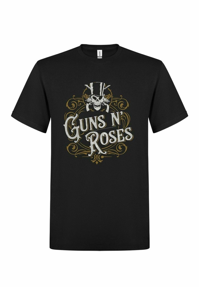 Černé bavlněné tričko s potiskem lebky v cylindru a nápisem "Guns N' Roses" ve stylizovaném bílém a zlatém písmu.