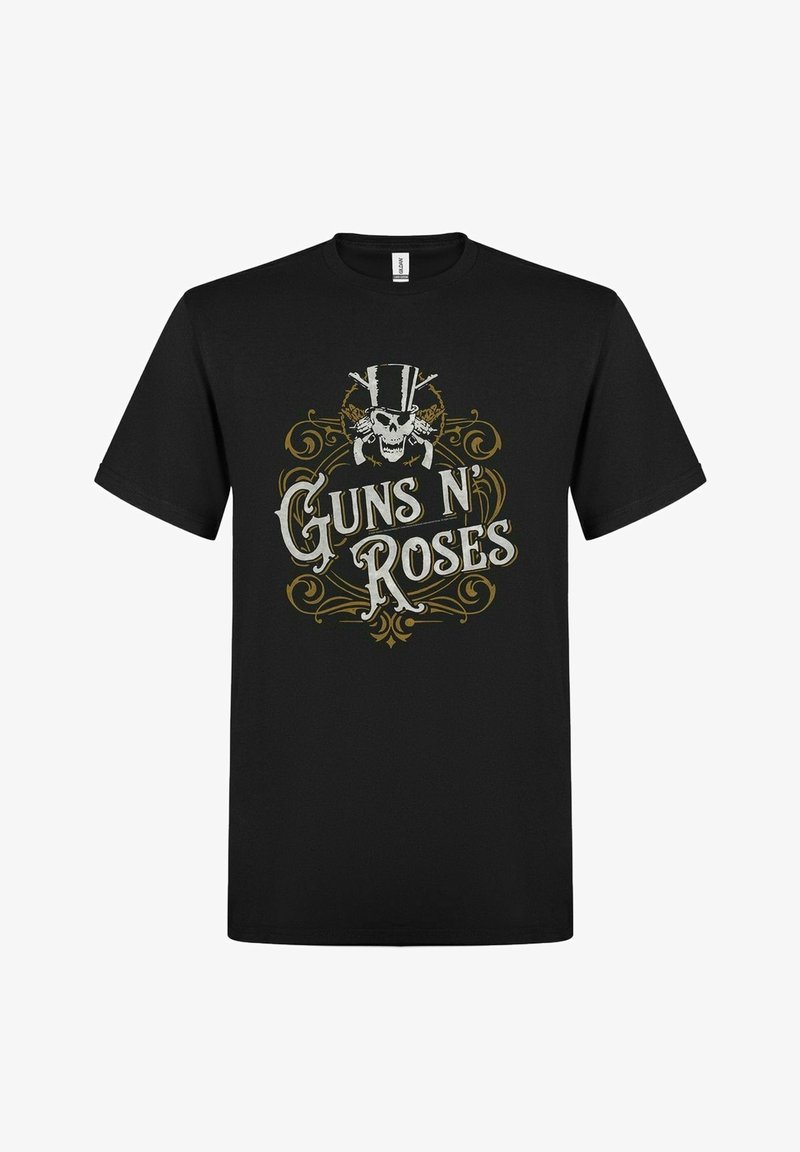 Černé bavlněné tričko s potiskem lebky v cylindru a nápisem "Guns N' Roses" ve stylizovaném bílém a zlatém písmu.