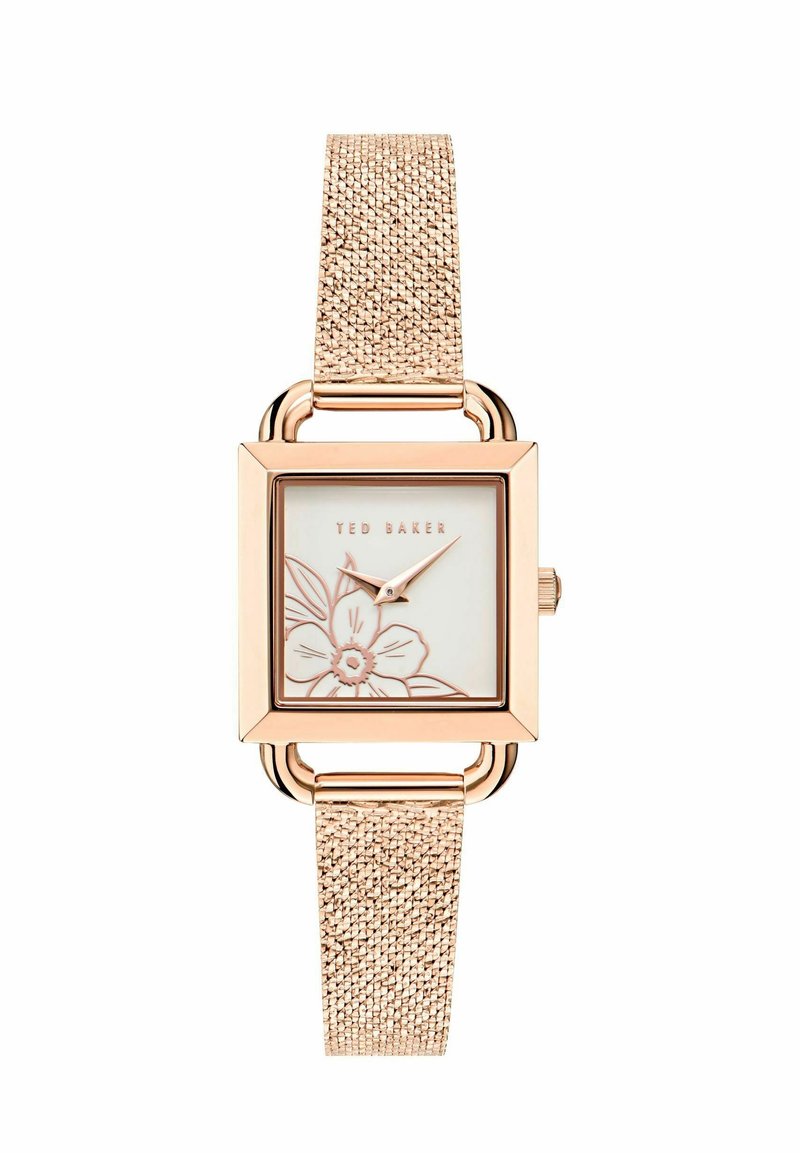 Montre carrée en or rose avec un motif floral sur un cadran blanc et un bracelet en maille or rose assorti, indiquant 1h10.