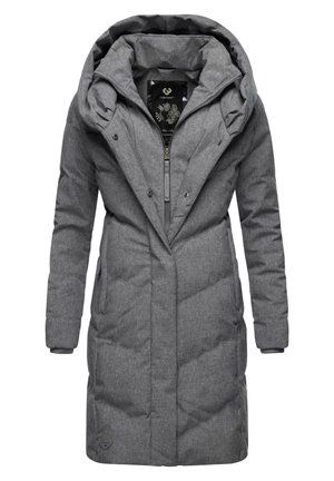 Gray padded coat with a hood, featuring a zippered front, snap buttons, quilted texture, and two side pockets. Interior pattern is floral.