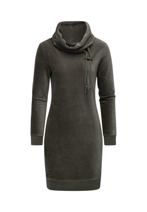 Robe vert foncé à manches longues avec un col drapé, fabriquée en tissu doux. Comprend un cordon de serrage avec des accents décoratifs et des poignets côtelés.