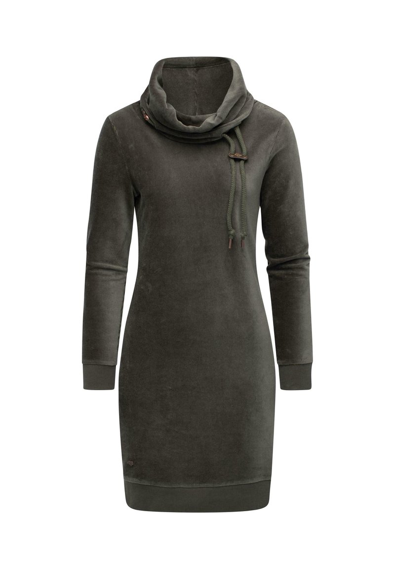 Dunkelgrünes, langärmliges Kleid mit Schalkragen, hergestellt aus weicher Stoff. Verfügt über einen Kordelzug mit dekorativen Akzenten und gerippten Bündchen.