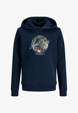 Hoodie bleu marine avec un motif floral en cercle à l'avant et le texte "Jack & Jones", doté de manches longues et de bords côtes aux poignets et à l'ourlet.