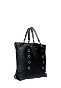 Sac fourre-tout en cuir noir avec œillets métalliques, doubles poignées et logo "REPLAY Since 1981" à l'avant.