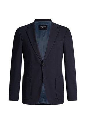 Marineblauw herenblazer met twee knopen aan de voorkant, twee opgestikte zakken, revers met inkeping en een gladde voering aan de binnenkant.