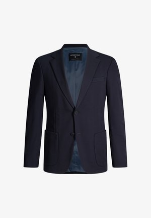 Marineblauw herenblazer met twee knopen aan de voorkant, twee opgestikte zakken, revers met inkeping en een gladde voering aan de binnenkant.