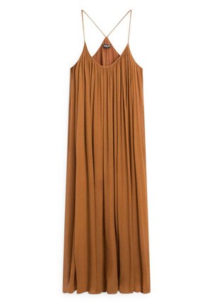 Długa brązowa sukienka bez rękawów z cienkimi ramiączkami i marszczonymi detalami tkaniny wzdłuż dekoltu i tułowia.