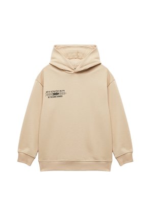 Sudadera beige de mezcla de algodón, con un gran bolsillo delantero, capucha con cordón y un diseño de texto impreso en negro en el pecho.