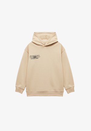 Sweat à capuche beige en mélange de coton, avec une grande poche avant, un cordon de serrage au niveau de la capuche, et un design en texte imprimé noir sur la poitrine.