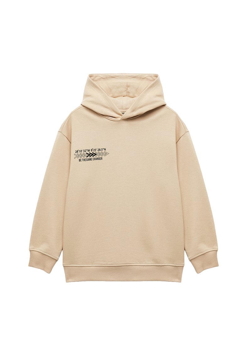 Beige hoodie van een katoenmix, met een grote buidelzak aan de voorkant, een capuchon met koord en een zwart afgedrukt tekstontwerp op de borst.