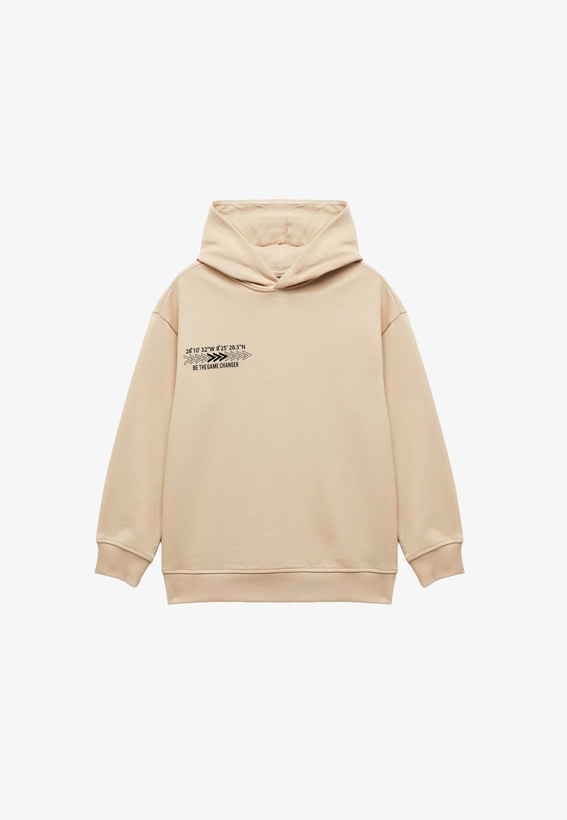 Beige hoodie van een katoenmix, met een grote buidelzak aan de voorkant, een capuchon met koord en een zwart afgedrukt tekstontwerp op de borst.