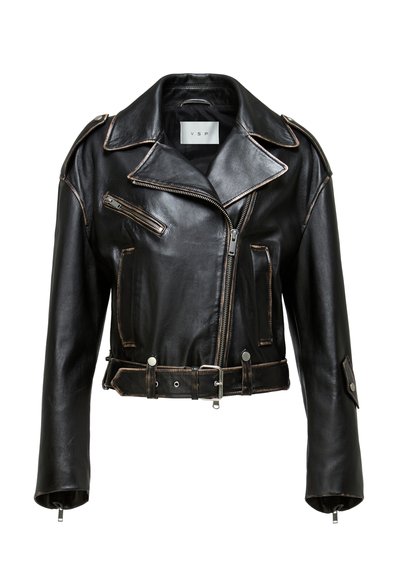 Black leather cropped motorcycle jacket with contrasting stitching, zip pockets, and a belted waist. Features wide lapels and silver hardware accents.