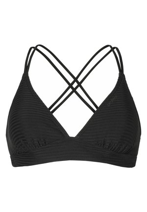 Czarny biustonosz bikini z prążkowaną teksturą, trójkątnymi miseczkami i wieloma krzyżującymi się paseczkami dla wsparcia i stylu.