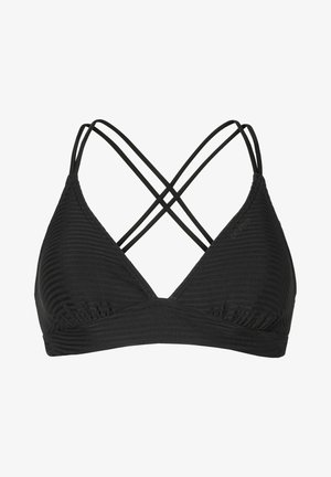 Černý bikini top s vroubkovanou texturou, trojúhelníkovými košíčky a několika zkříženými popruhy pro podporu a styl.