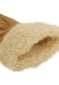 Gant en suédine marron avec une doublure en polaire crémeuse et pelucheuse visible au niveau du poignet. La texture semble douce et chaude, idéale pour les temps froids.