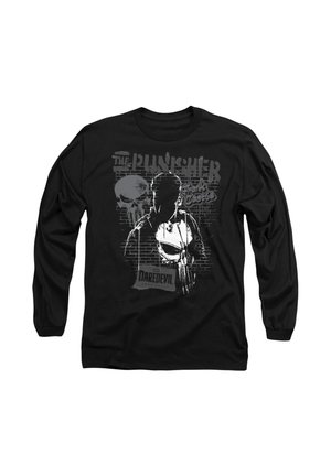 Schwarzes Langarmshirt mit einer Graustufen-Grafik des The Punisher-Schädels, einer Männer-Silhouette und Texten, darunter "Frank Castle" und "Daredevil".