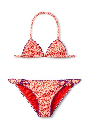 Costume da bagno rosso e pesca con stampa leopardata, caratterizzato da bordi arricciati e dettagli viola. La parte superiore è di stile triangolare con spalline regolabili.