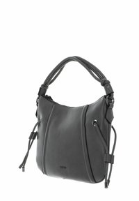 Sac à bandoulière en cuir gris avec un dessus arrondi, deux poignées, une fermeture éclair et des accents à cordon ajustable sur les côtés.