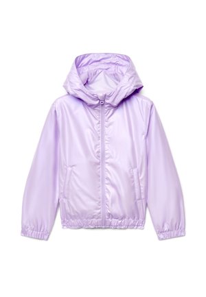 Veste à capuche violet clair avec fermeture éclair devant, deux poches latérales, poignets et ourlet élastiques, présentée sur fond blanc.