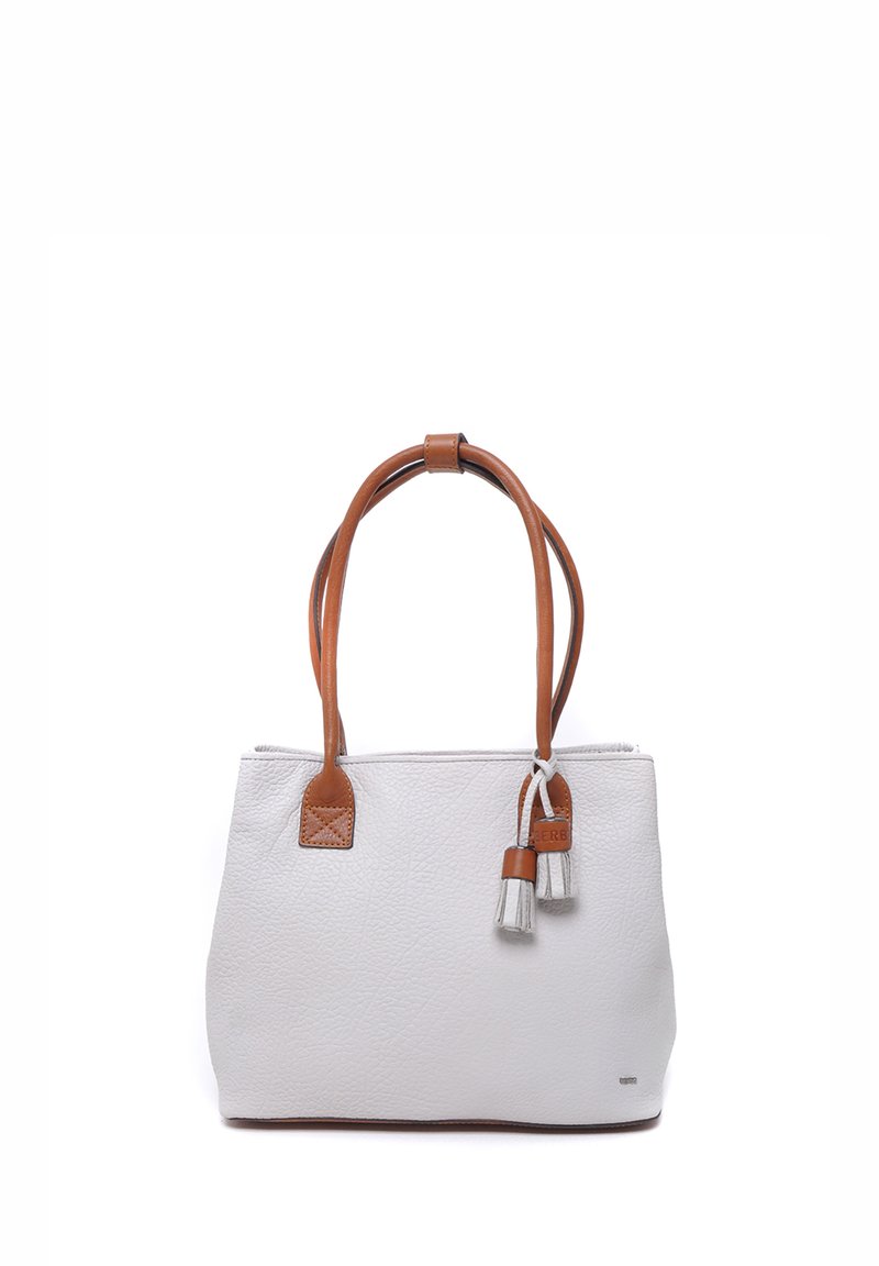 Witte leren tote bag met lichtbruine leren handvatten en accenten, met een gestructureerd oppervlak en decoratieve franjes. Rits sluiting.