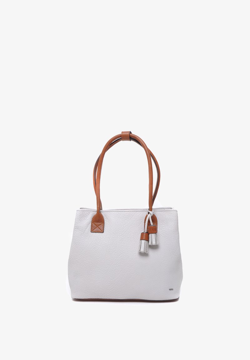 Witte leren tote bag met lichtbruine leren handvatten en accenten, met een gestructureerd oppervlak en decoratieve franjes. Rits sluiting.