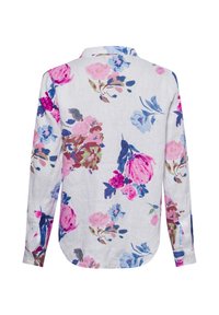 Floral shirt in light fabric featuring a white background with pink, blue, and purple flower patterns and long sleeves with buttoned cuffs.