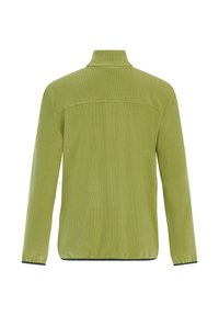 Groene fleecejack met lange mouwen, gezien van achteren, met hoge kraag en elastische manchetten en zoom.