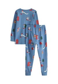 Long-sleeve pajama set in blue with fun holiday patterns featuring candy canes, presents, and trees. Soft fabric with elastic waistband.