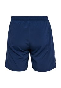 Marina atletiska shorts tillverkade av slät polyester, med ett elastiskt midjeband och inga synliga mönster eller detaljer. Bakifrån visas en enkel design.