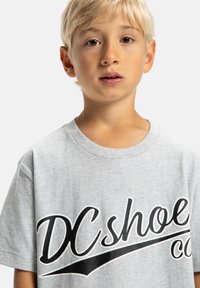 Šedé bavlněné tričko s krátkým rukávem, na němž je vpředu velký černý nápis "DC shoe co.", hladká textura a běžný střih.