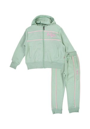 Survêtement enfant vert clair avec veste zippée à capuche et pantalon assorti avec des bandes roses et un logo de marque brodé.
