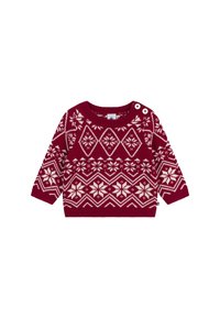Maglione rosso lavorato a maglia con motivi geometrici color crema, fiocchi di neve e due bottoni sulla spalla per facilitare la vestizione.