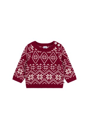 Maglione rosso lavorato a maglia con motivi geometrici color crema, fiocchi di neve e due bottoni sulla spalla per facilitare la vestizione.