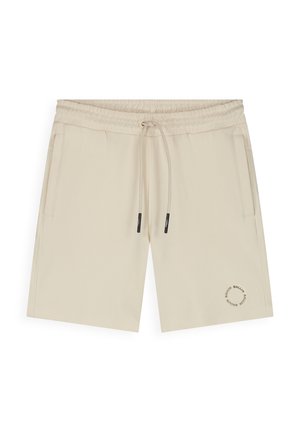 Beige korte broek met elastische taille en trekkoord, zijzakken en een klein rond logo op het rechteronderbeen.