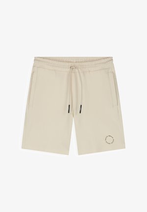 Beige korte broek met elastische taille en trekkoord, zijzakken en een klein rond logo op het rechteronderbeen.