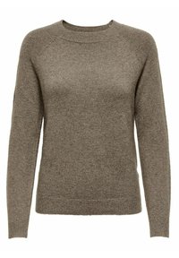 Brauner, gestrickter Pullover mit rundem Halsausschnitt, langen Raglanärmeln und weicher Textur. Verfügt über gerippte Bündchen und Saum für zusätzliche Details.