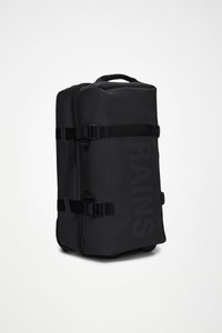 Black waterproof travel bag with a rectangular shape, featuring adjustable straps, a zipper closure, and subtle branding on the side.