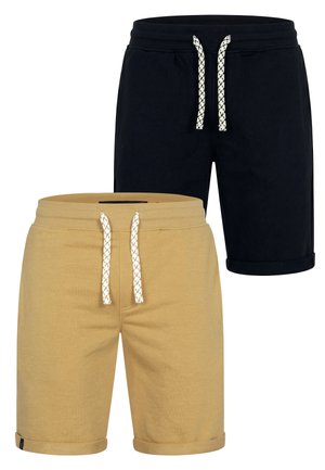 Two pairs of casual shorts with drawstring waistbands, one beige and one black, shown against a white background.