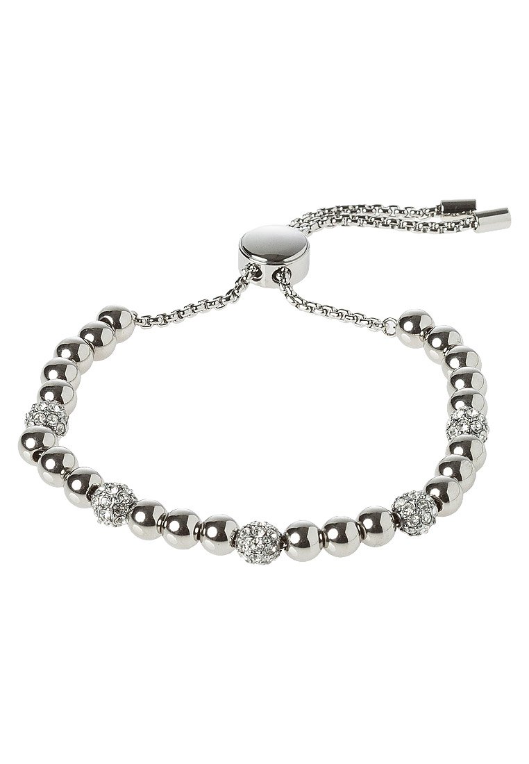 Bransoletka z metalicznymi srebrnymi koralikami i błyszczącymi kryształowymi elementami ułożonymi w naprzemienne wzory. Regulowane zapięcie łańcuszka z okrągłym suwakiem.