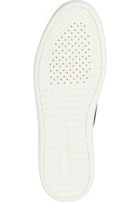 Suela de zapato de goma blanca con un patrón en zigzag, que presenta pequeñas perforaciones y la marca "GEOX" cerca del centro. Acabado de textura suave.