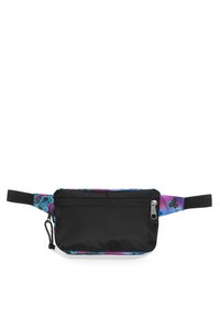 Borsetta a marsupio in nylon colorato con un motivo floreale blu e viola, fondo nero uniforme e tracolla regolabile. Una tasca con zip.
