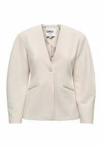 Bēša žakete ar V veida izgriezumu, vienu pogu un divām priekšējām kabatām. Izgatavota no gludas auduma ar strukturētu piegriezumu un garām piedurknēm.