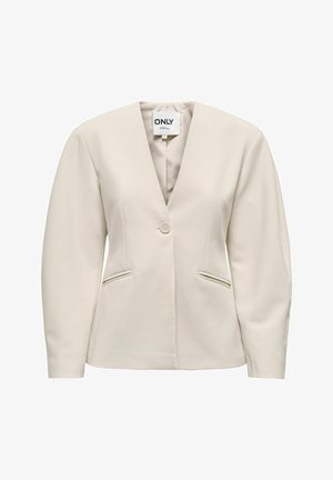 Beiger Blazer mit V-Ausschnitt, Ein-Knopf-Verschluss und zwei Vorderentaschen. Hergestellt aus glattem Stoff mit strukturierter Passform und langen Ärmeln.