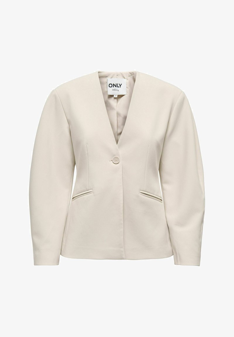 Bēša žakete ar V veida izgriezumu, vienu pogu un divām priekšējām kabatām. Izgatavota no gludas auduma ar strukturētu piegriezumu un garām piedurknēm.