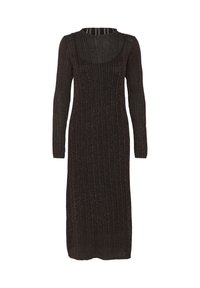 Robe midi en tricot de couleur marron foncé avec une texture à côtes verticales. Comprend un col montant et des manches longues. Accents subtils en fil métallique.