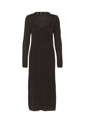 Dzianinowa sukienka midi w ciemnym brązie z pionowym ryflowanym wzorem. Posiada wysoki dekolt i długie rękawy. Subtelne metaliczne akcenty.