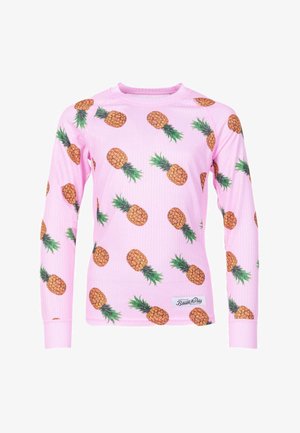 Camicia a maniche lunghe con una trama a costine, sfondo rosa chiaro, decorata con un motivo di ananas ripetuto e un piccolo logo patch.
