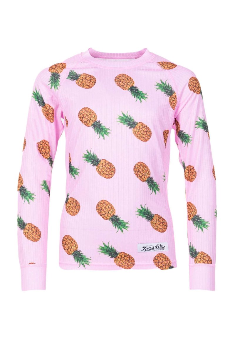 Camicia a maniche lunghe con una trama a costine, sfondo rosa chiaro, decorata con un motivo di ananas ripetuto e un piccolo logo patch.