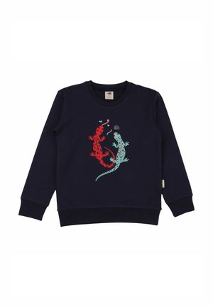 Marineblauer Sweatshirt mit einer Grafik eines roten und türkisfarbenen Eidechsens. Das Design umfasst Tupfen und Wirbel auf den Körpern der Eidechsen.