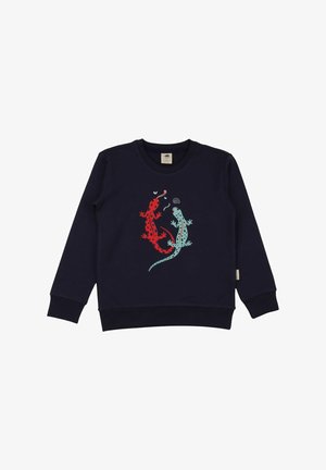 Marineblauer Sweatshirt mit einer Grafik eines roten und türkisfarbenen Eidechsens. Das Design umfasst Tupfen und Wirbel auf den Körpern der Eidechsen.